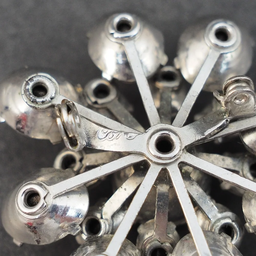 Coro Brooch Pin Flower Silver Tone Clear Rhinestone Prong Set Vintage Estate